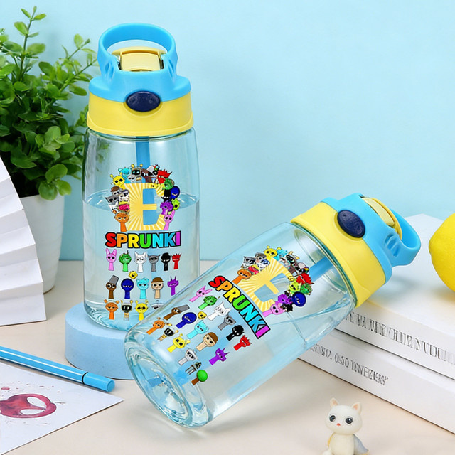 Sprunkis Kawaii Wasserflasche mit Buchstaben-Aufdruck und Strohhalm, auslaufsicherer Trinkbecher für Kinder, 480 ml - Bild 1