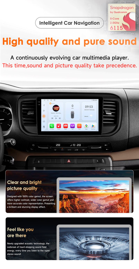 OSSURET Android 14 Multimedia-Autoradio mit Qualcomm 6115 8-Kern-Prozessor für Peugeot Expert 3 und Citroen Jumpy 3 SpaceTourer 2016-2021, Schwarz, optional mit 360 Grad Panorama AHD Kamera, SWC und DSP - Bild 2