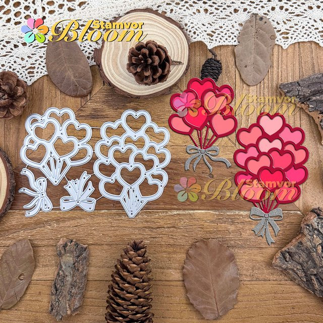 Metall Stanzformen für Scrapbooking mit Valentinstag-Motiven, Luftballons und Schleifen in Silber - Bild 1