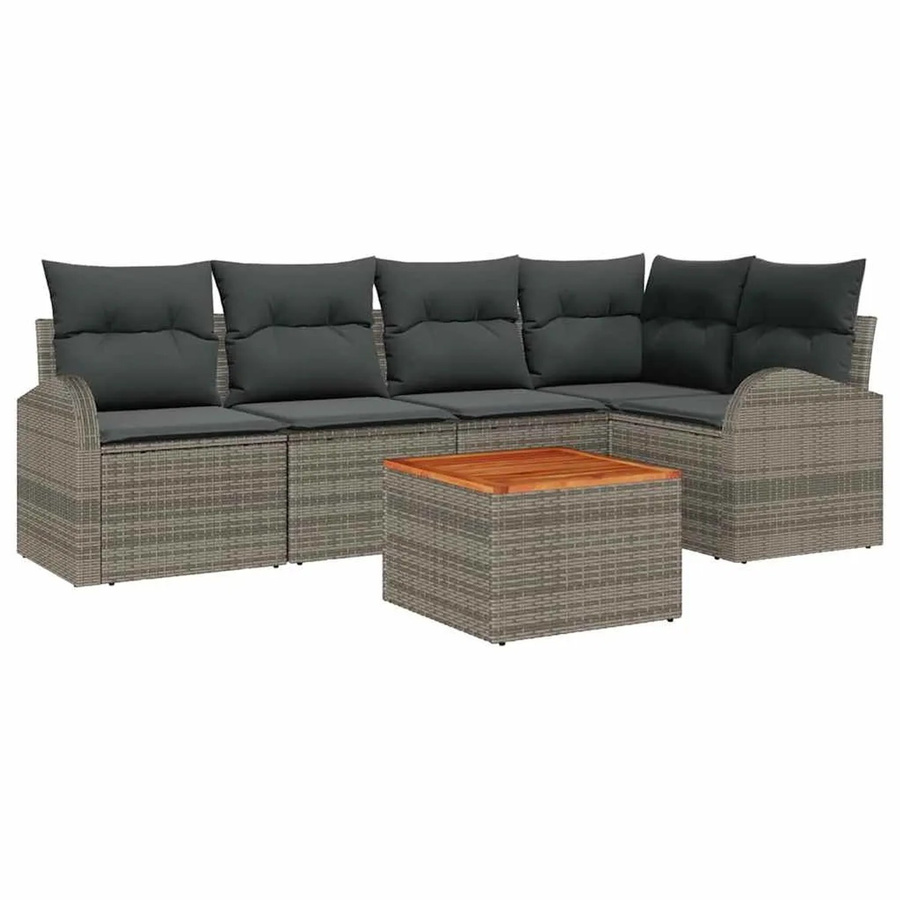 vidaXL Garten-Sofa-Set 6-teilig in Grau mit Poly-Rattan, pulverbeschichtetem Stahl und Akazienholz, L-Form mit Tisch und Polstern - Bild 2