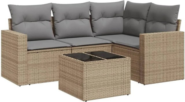 vidaXL 5-teilige Garten-Sofagarnitur in L-Form aus Poly-Rattan mit Kissen in Beige und Grau - Bild 1