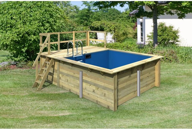 Karibu Inground Pool Set aus Fichtmassivholz mit Sonnenterrasse, Farbe Blau, B: 350 cm, T: 320 cm, H: 124 cm, inklusive Poolfolie, Schutzvlies und Einhängeleiter - Bild 1