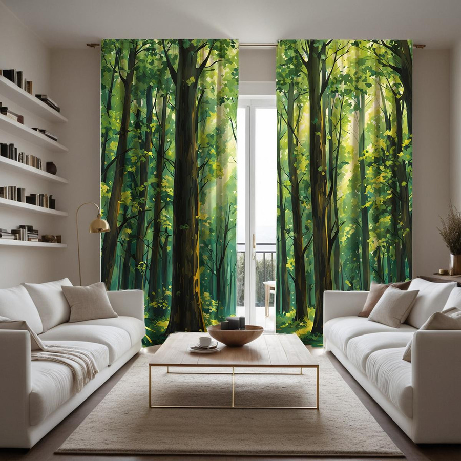 2er-Set dekorative Vorhänge mit grünem Wald-Motiv von Household supplies, semi-transparent, Farbe: Grün, B: 132 cm, H: 160 cm - Bild 2