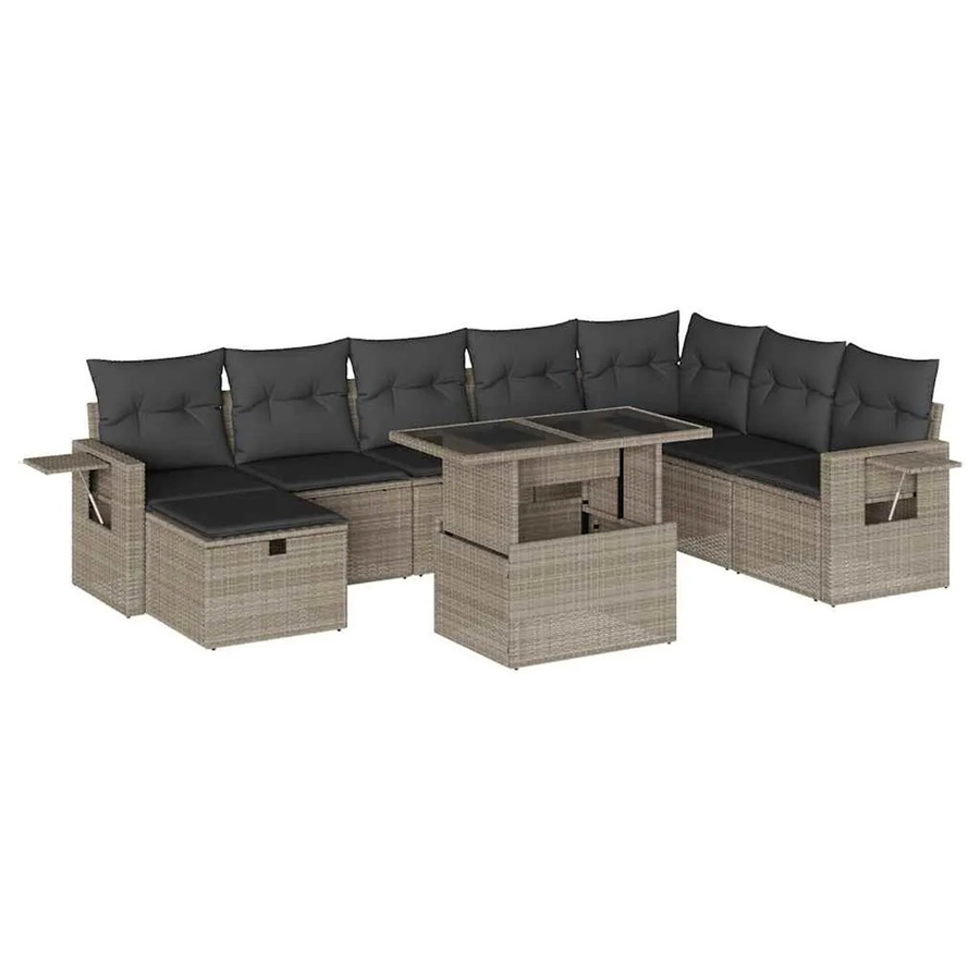 vidaXL 9-tlg. Garten-Sofagarnitur in L-Form mit Kissen und Couchtisch, Hellgrau - Bild 2
