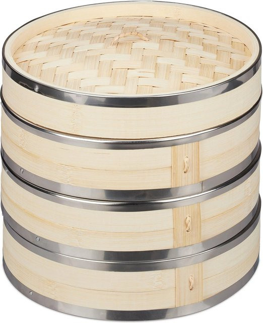 Relaxdays Dampfgarer aus Bambus in Natur Beige mit 3 Etagen - Bild 1