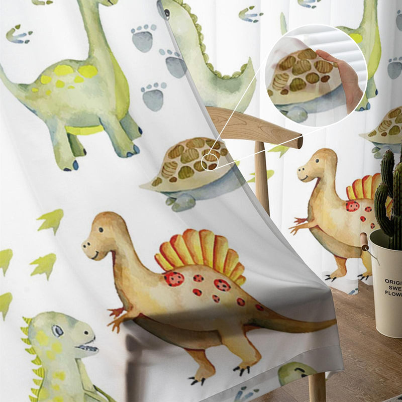 A Family Of Home Textiles Dinosaurier Cartoon Fenster Tüll Vorhang, halbtransparent, mehrfarbig, B: 135 cm, H: 114 cm - Bild 3