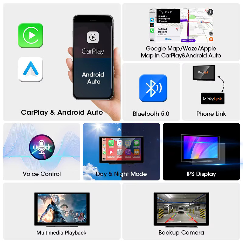 Srnubi 7/10 Zoll Carplay Smart Screen Wireless Multimedia Player mit Android Auto und AUX in Schwarz - Bild 2