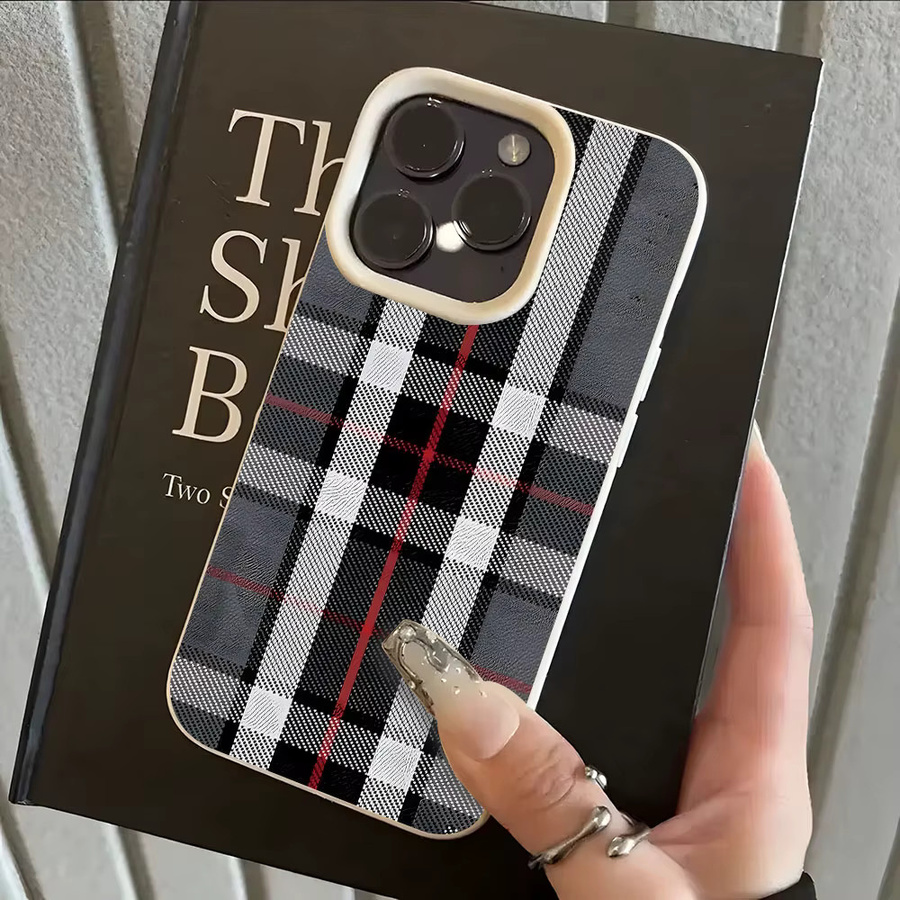 Stoßfeste Handyhülle mit Vintage Kariertem Lychee-Muster für Apple iPhone 11 bis 17 Pro Max, Pink/Multicolor - Bild 2