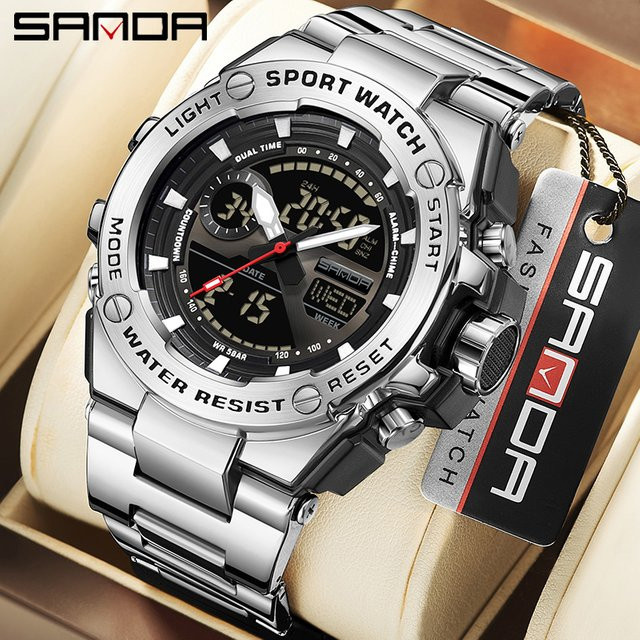 SANDA Armbanduhr Quarz, Edelstahl, Dual Display, Schwarz, Herren - Bild 1