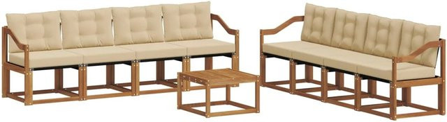 vidaXL Outdoor-Sofagarnitur 9-teilig aus Akazienholz und Textilene in Natur und Beige mit Kissen und Tisch - Bild 1