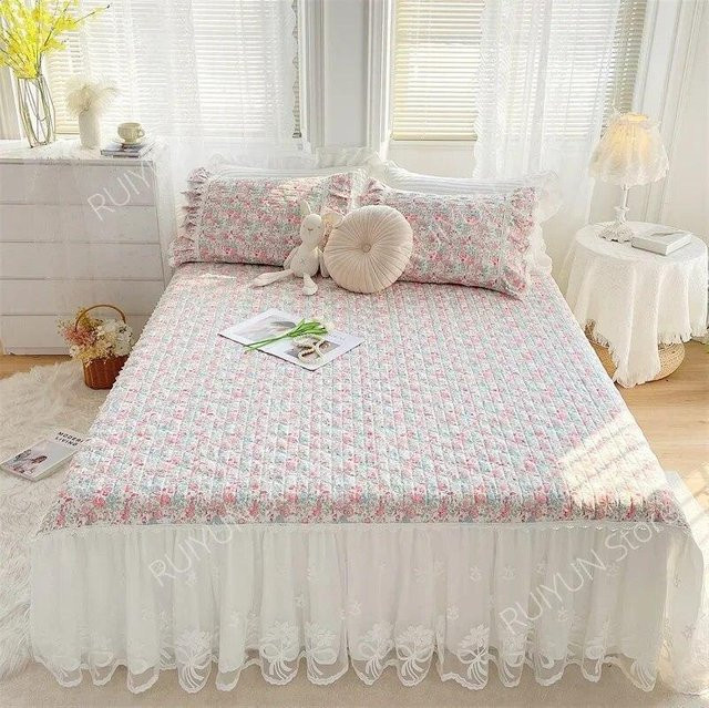 Your Warm Home 3-teiliges Bettwäsche-Set aus 100 % Baumwollspitze mit gerüschtem Bettrock, Bettdecke und Bettlaken, Mehrfarbig, B/T: 200 x 220 cm - Bild 1