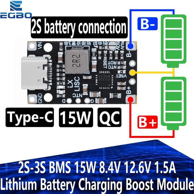 EGBO Lithium-Batterie-Lade-Boost-Modul mit Typ-C Anschluss, 15 W Schnelllademodul mit Anzeige für 2S und 3S, Schwarz - Bild 1