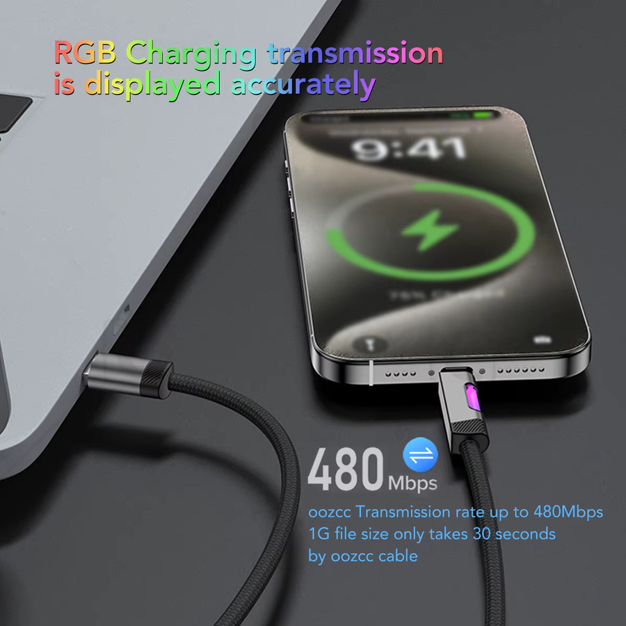 Oozcc RGB-Schnellladekabel mit USB-Typ-C und USB-Typ-A, 120 W, 6 A, Multicolour - Bild 3