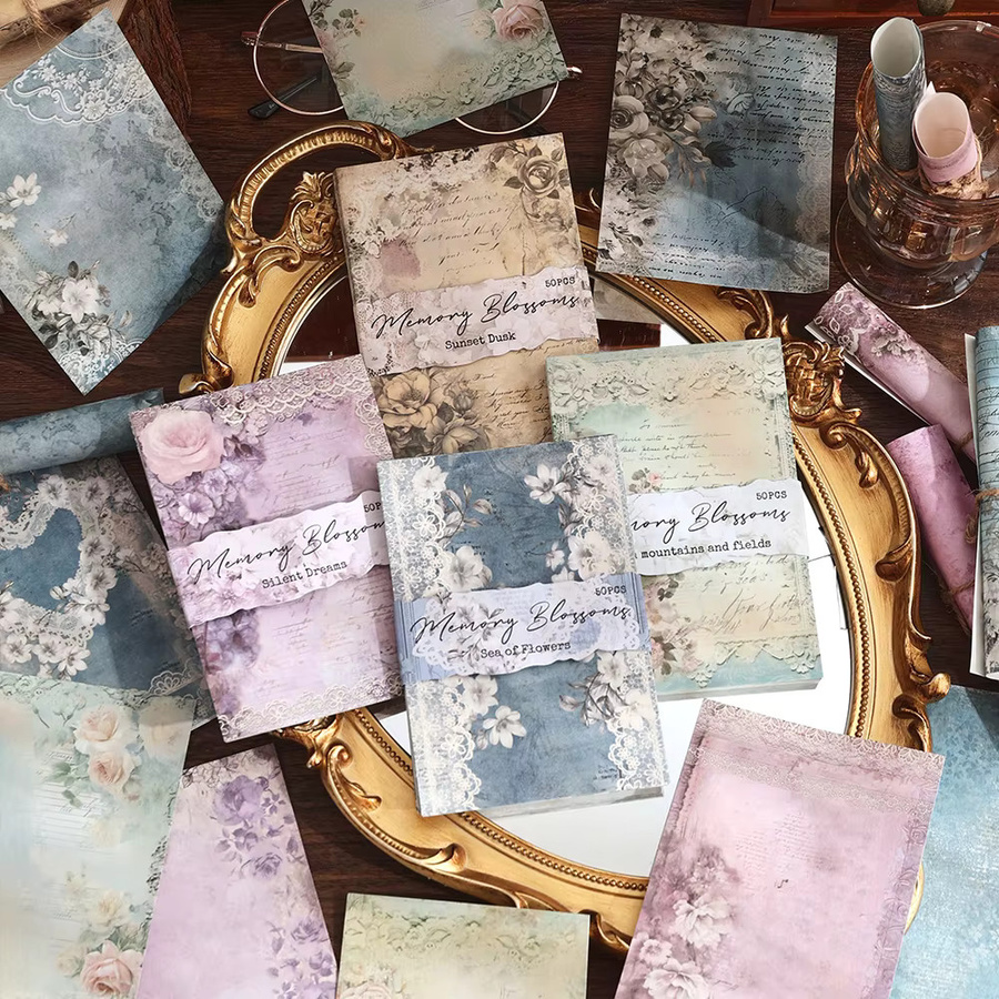 Imoda Vintage-Blumen Scrapbook-Papier, 50 Blatt buntes Bastelpapier für DIY Kunsthandwerk und Journaling, matt - Bild 1