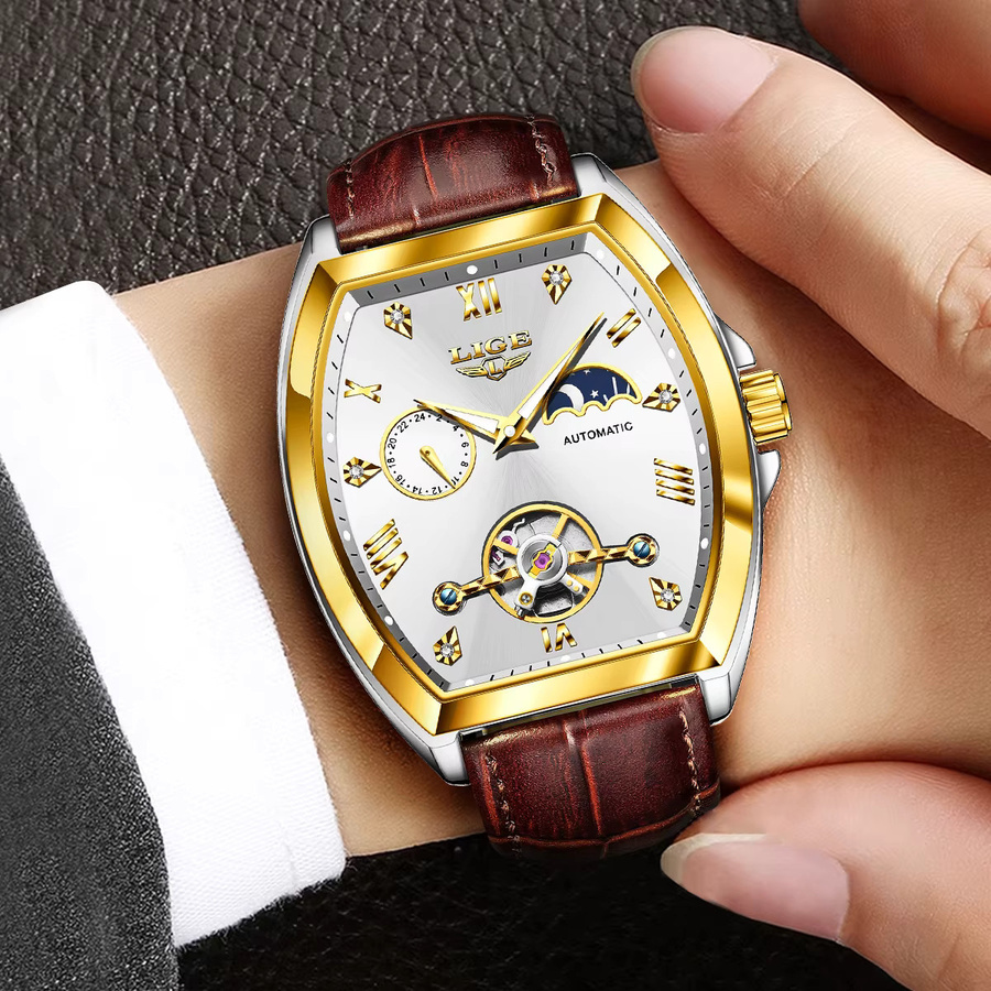 LIGE Armbanduhr Automatik, Tonneau, Edelstahl, Leder, Gold, Herren - Bild 6