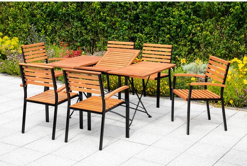 Merxx Schlossgarten 7-tlg. Gartenmöbelset aus Eukalyptusholz und Stahl in Schwarz und Grau mit ausziehbarem Klapp-Gartentisch, Breite: 100 bis 150 cm, Tiefe: 90 cm, Höhe: 74 cm - Bild 1