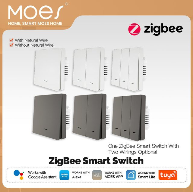 MOES Tuya ZigBee Smart Lichtschalter ohne Neutralleiter, kompatibel mit Alexa und Google Home, in Weiß oder Grau - Bild 1