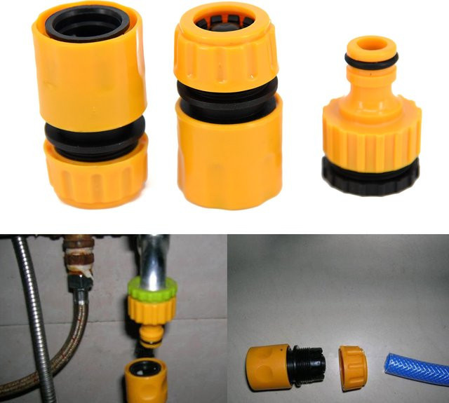 3er Set Garten Schlauch Anschluss Adapter mit 4-Wege-Verteiler und Schnellkupplung 1/2 Zoll in Orange - Bild 1