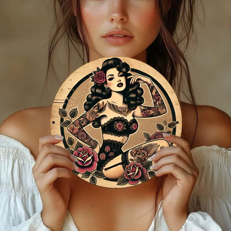 Potdemiel Vintage Rose Tattoo Metallschild in Mehrfarbig, Wandkunst aus Eisen mit floralem Design, B/H: 20,3 x 20,3 cm - Bild 3