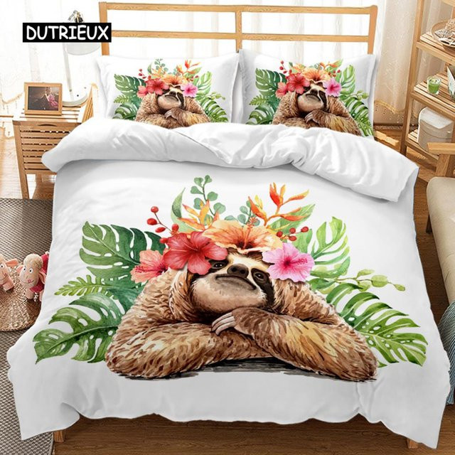 Bettwäsche-Set mit Faultier-Weltraum-Motiv von Binchi Outdoor Product, weißes Polyester-Bettbezug-Set inklusive Kissenbezug, Breite: 135 cm, Länge: 200 cm - Bild 1