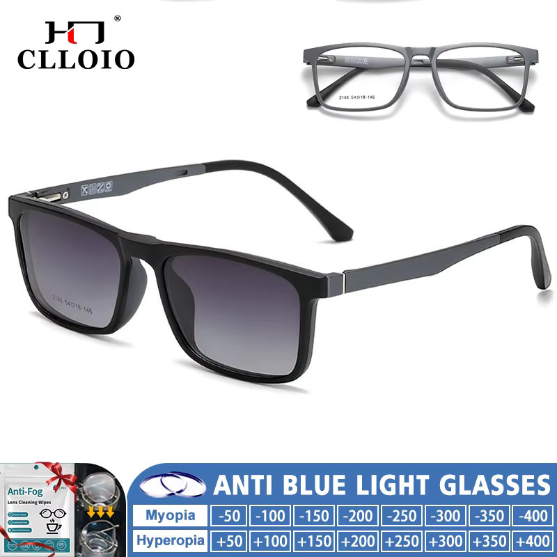 CLLOIO 2-in-1 Magnet-Clip-On Sonnenbrille, rechteckig, Vollrand, Herren, schwarz - Bild 1
