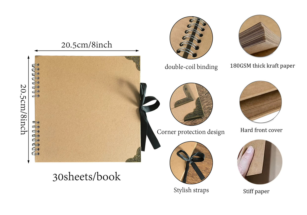 DIY Fotoalbum Hardcover mit 30 Blättern und Schleifenband in Braun - Bild 3