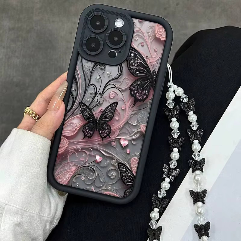 Schwarze Handyhülle mit Schmetterlingsmuster und Schmetterlings-Charm für Apple iPhone Modelle - Bild 2