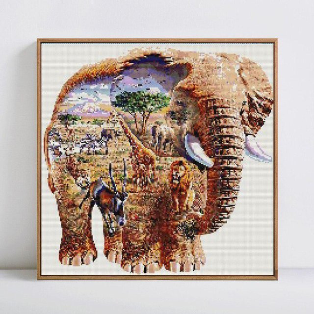 FIYO 5D-Diamantgemälde zum Selbermachen mit Elefant-Motiv, runde Diamant-Stickerei in Beige und Multicolour, Durchmesser: 30 cm - Bild 1