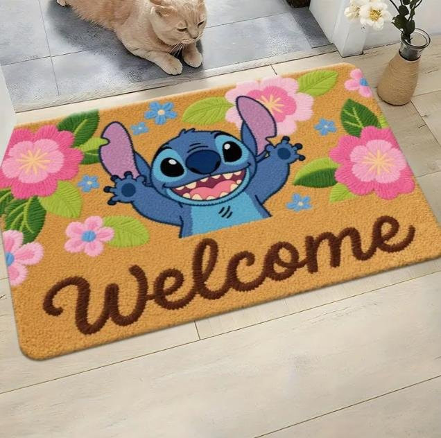 Miniso Stitch The Movie Willkommen Fußmatte mit Blumendesign, rutschfest und maschinenwaschbar, B/T: 50 x 30 cm, Mehrfarbig - Bild 1