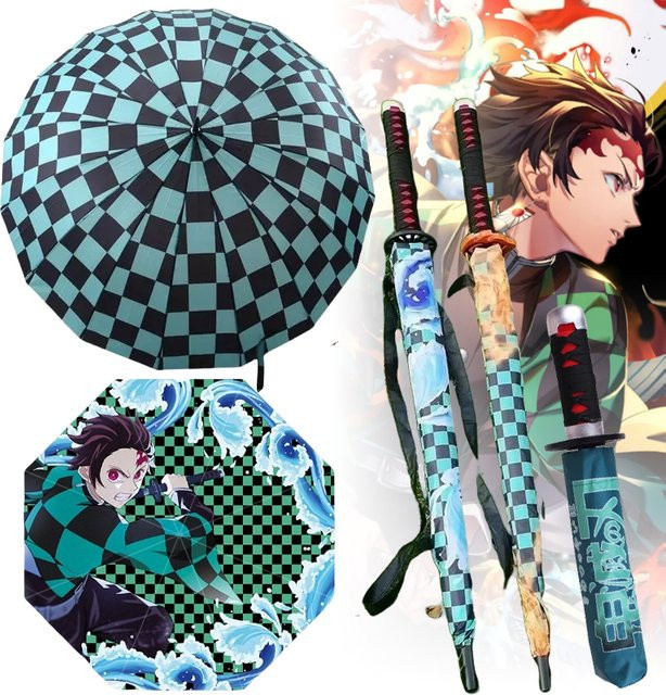 Bandai Regenschirm Demon Slayer Anime Design Tanjirou Katana mit UV-Schutz, Schwarz/Mehrfarbig - Bild 1