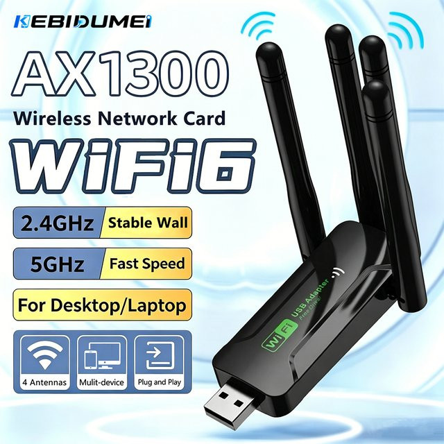 Kebidumei USB 3.0 WiFi-Adapter Dual Band 2,4 GHz/5 GHz Wireless-Netzwerkkarte mit 1300 Mbit/s in Schwarz - Bild 1