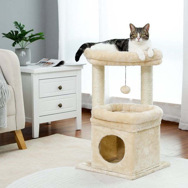 PEQULTI Kratzbaum Katzenturm in Beige mit Sisalpfosten, Plüsch und integriertem Spielzeug für 1–2 Katzen - Bild 1