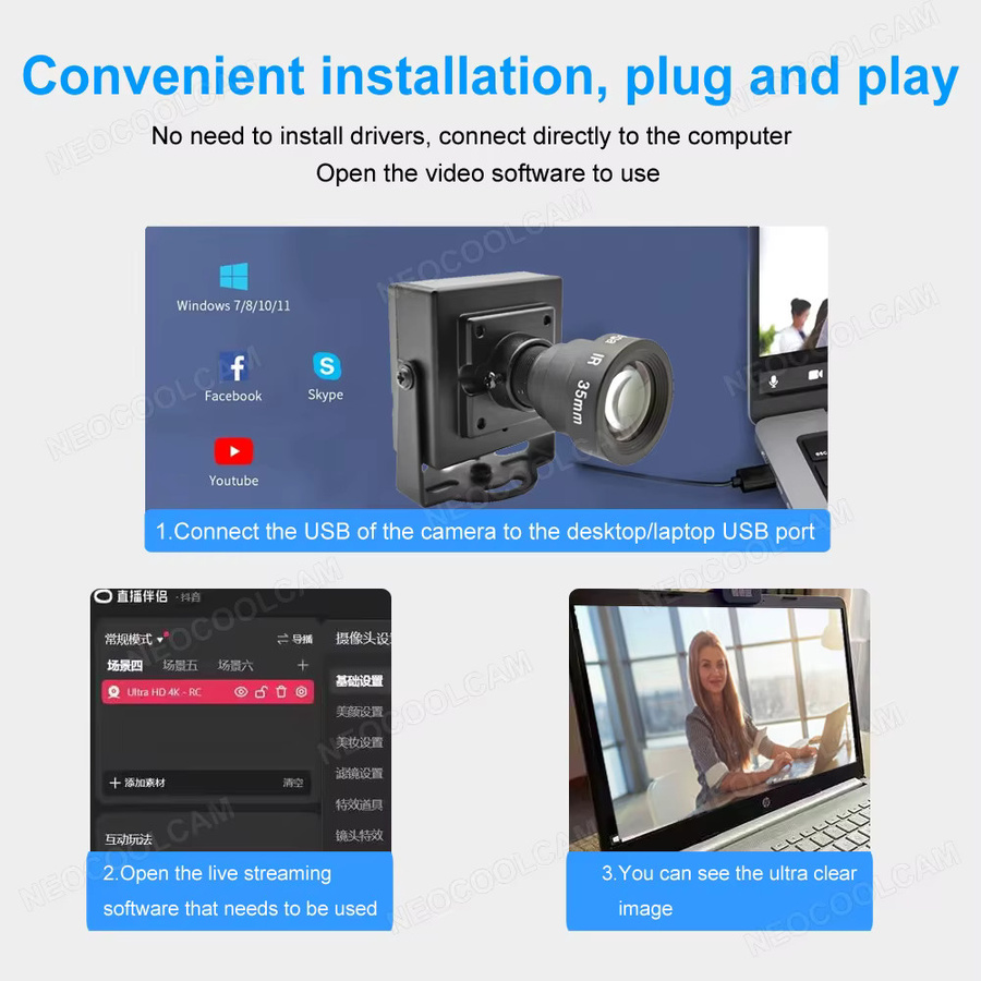 NEOCoolcam Mini USB Webcam 4K UHD 8MP mit 6-22mm Varifokal-Zoom, Schwarz - Bild 4