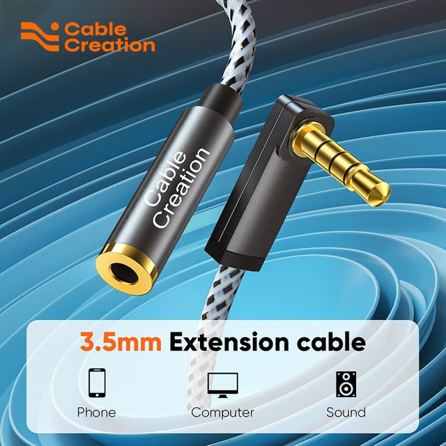 CableCreation Rechtwinkliges 3,5mm TRRS 4-poliges Audio-Verlängerungskabel mit Mikrofon, geflochtenes Aux-Kabel Stecker-Buchse zu Buchse-Stecker für Ohrhörer, Handy und PC - Bild 1