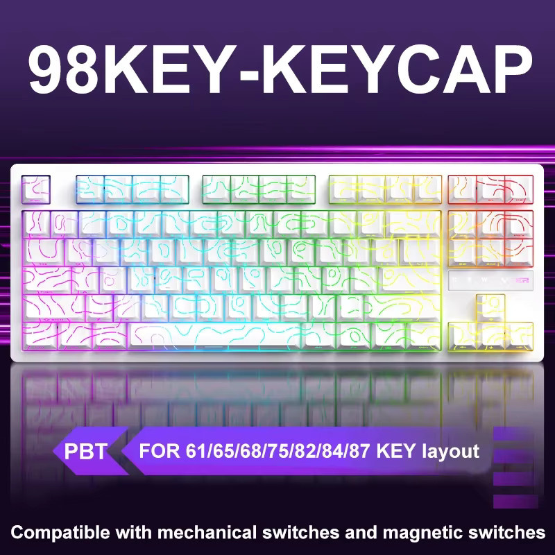 98-Tasten PBT Tastenkappen mit topografischem Design und seitlicher Gravur in Cherry-Profil für hintergrundbeleuchtete Layouts, Farben: Weiß und Schwarz - Bild 3