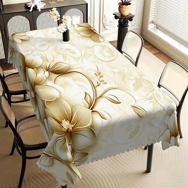 Beige Tischdecke mit Blumendruck von JMG Household Supplies, quadratisch, fleckenabweisend, B/T: 140 x 140 cm - Bild 1