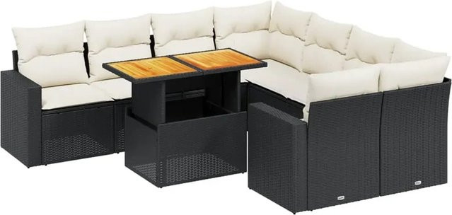 vidaXL 9-tlg. Garten-Sofagarnitur in L-Form aus schwarzem Poly-Rattan mit Kissen und pulverbeschichtetem Stahlgestell - Bild 1