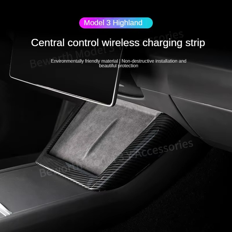 Carbon Fiber Zubehör für Tesla Modell 3 Highland 2024: Drahtlose Lade-Panel Seitenleisten Dekoration in Schwarz - Bild 2
