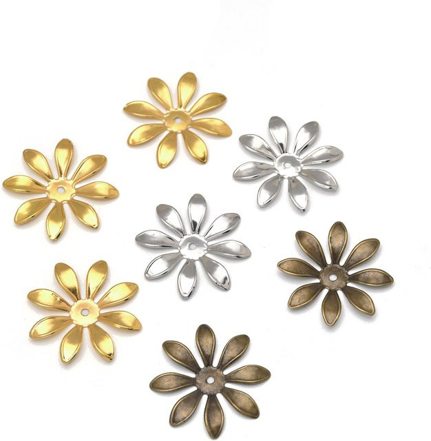 Blumenperlenkappen Metall, Gold/Rhodium/Bronze, 28 mm, 30 Stück - Bild 1