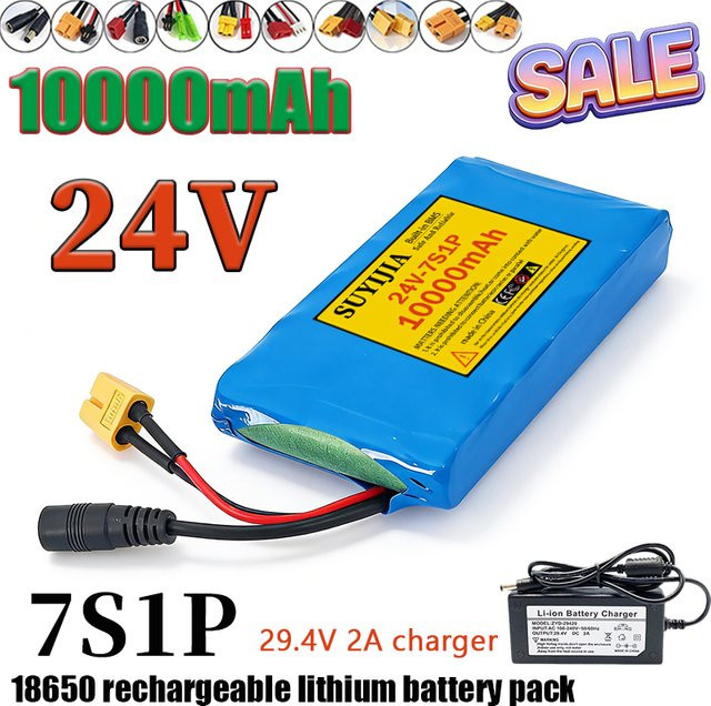 SUYIJIA 7S1P 24V 18650 Lithium-Akku mit 10000mAh und BMS-Schutzplatine in Blau inklusive 29,4V 2A Ladegerät - Bild 1