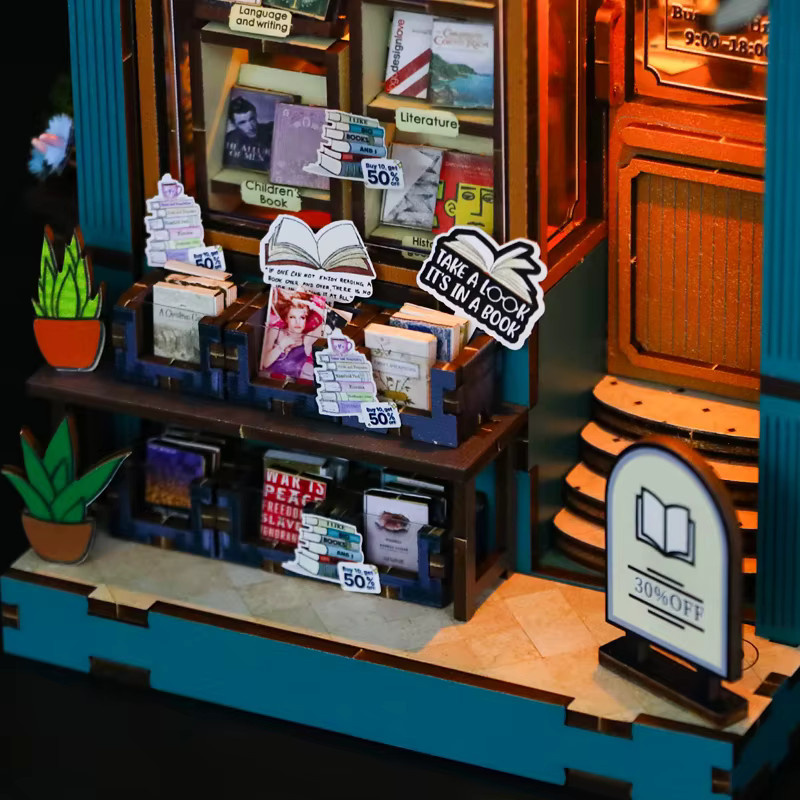 zuuton Bücherregal Set DIY Holz Miniatur Puppenhaus Buch Nook Kit, 3D Puzzle, mit LED-Licht - Bild 2