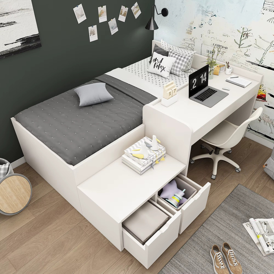 KOMHTOM Kinderbett Einzelbett mit Schreibtisch und Schubladen, Weiß, B/T/H: 90 x 200 cm - Bild 3
