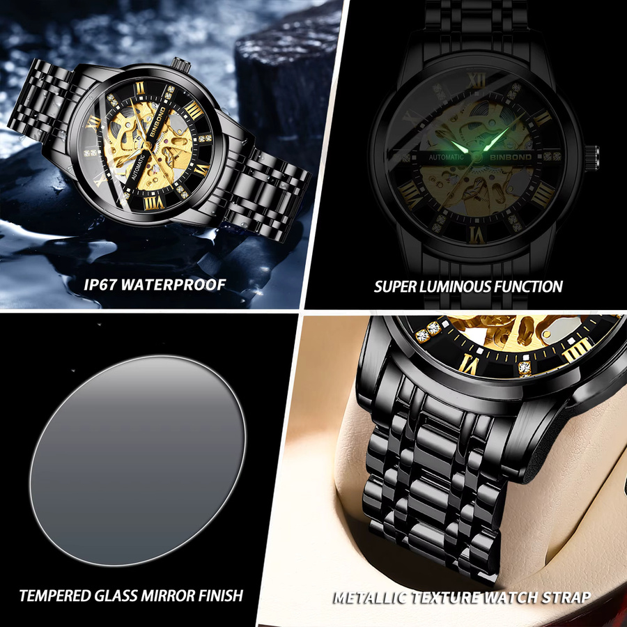 BINBOND Armbanduhr Automatik, Edelstahl, Schwarz, Herren - Bild 5