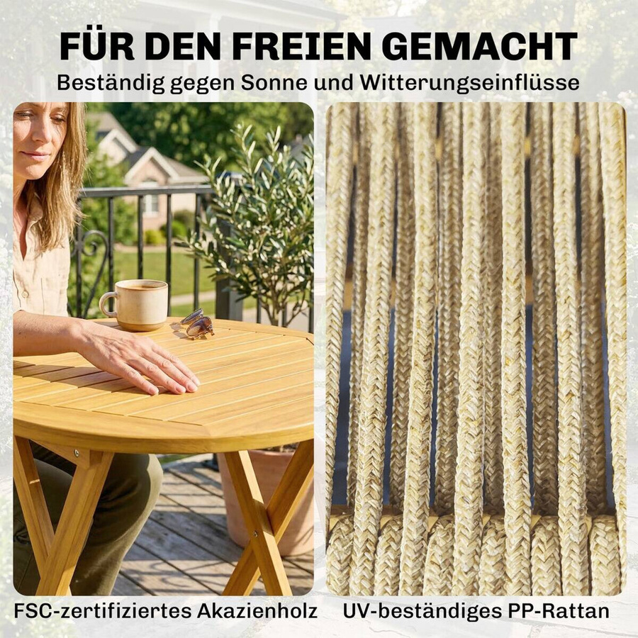 Outsunny Balkonmöbel Set 3-teilig aus Polyrattan und Holz in Braun und Beige, Sitzgruppe mit Tisch und 2 klappbaren Stühlen im Lamelldesign, B/H/L: 48 x 88 x 55,5 cm - Bild 3