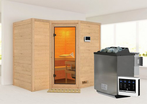 Karibu Sauna Riga 2 Bio-Kombi-Sauna für 4 Personen in Beige inklusive 9 kW Bio-Kombi-Saunaofen mit externer Steuerung, B/T/H: 236 x 184 x 209 cm - Bild 1