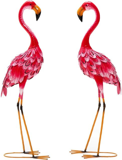 Costway 2er Set Flamingo Gartenstatuen aus Metall in Rosa - Bild 1