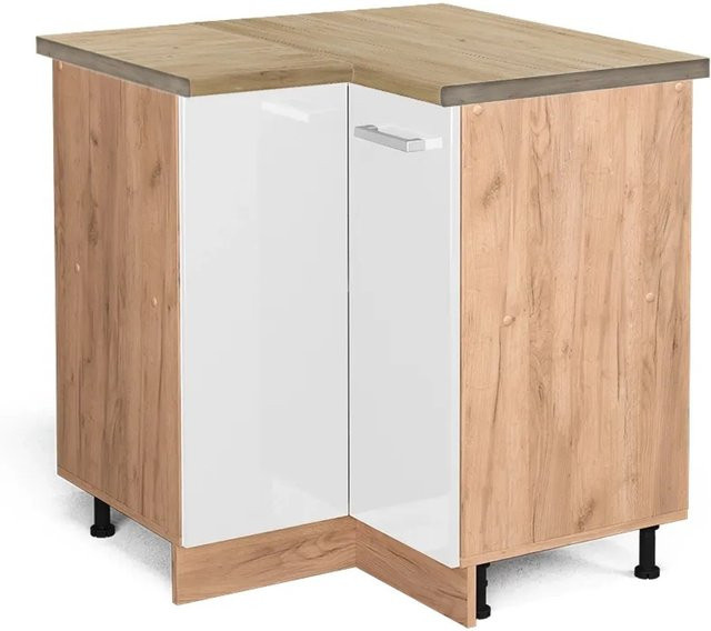 Vicco R-Line Eckunterschrank Küche Weiß Hochglanz und Goldkraft Eiche B/T/H: 75,6 x 60,0 x 81,6 cm - Bild 1