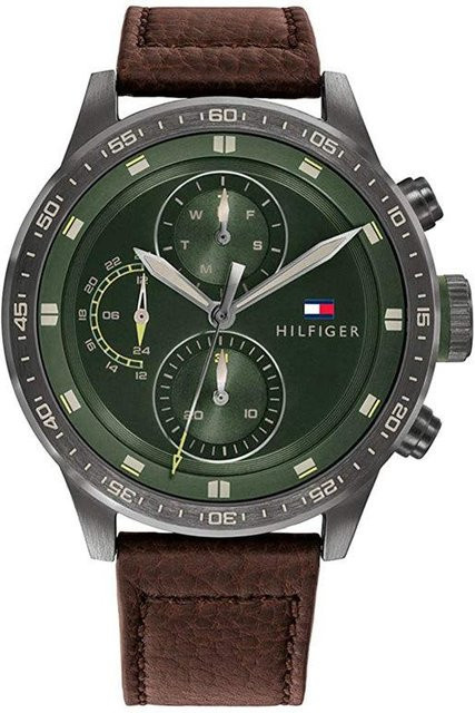 Tommy Hilfiger Herrenuhr, Quarz, Edelstahl, Leder, Grün, 46 mm - Bild 1
