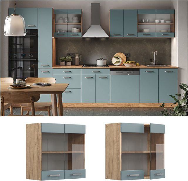 Vicco R-Line Glashängeschrank Küchenschrank mit 2 Glastüren in Eiche und Blau-Grau, Breite: 60 cm, Höhe: 60 cm, Tiefe: 31 cm - Bild 1