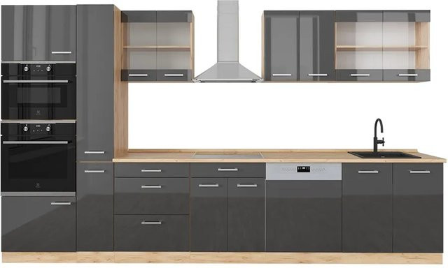 Vicco R-Line Küchenzeile in Anthrazit Hochglanz und Goldkraft Eiche mit Hochschrank, Breite: 350 cm - Bild 1